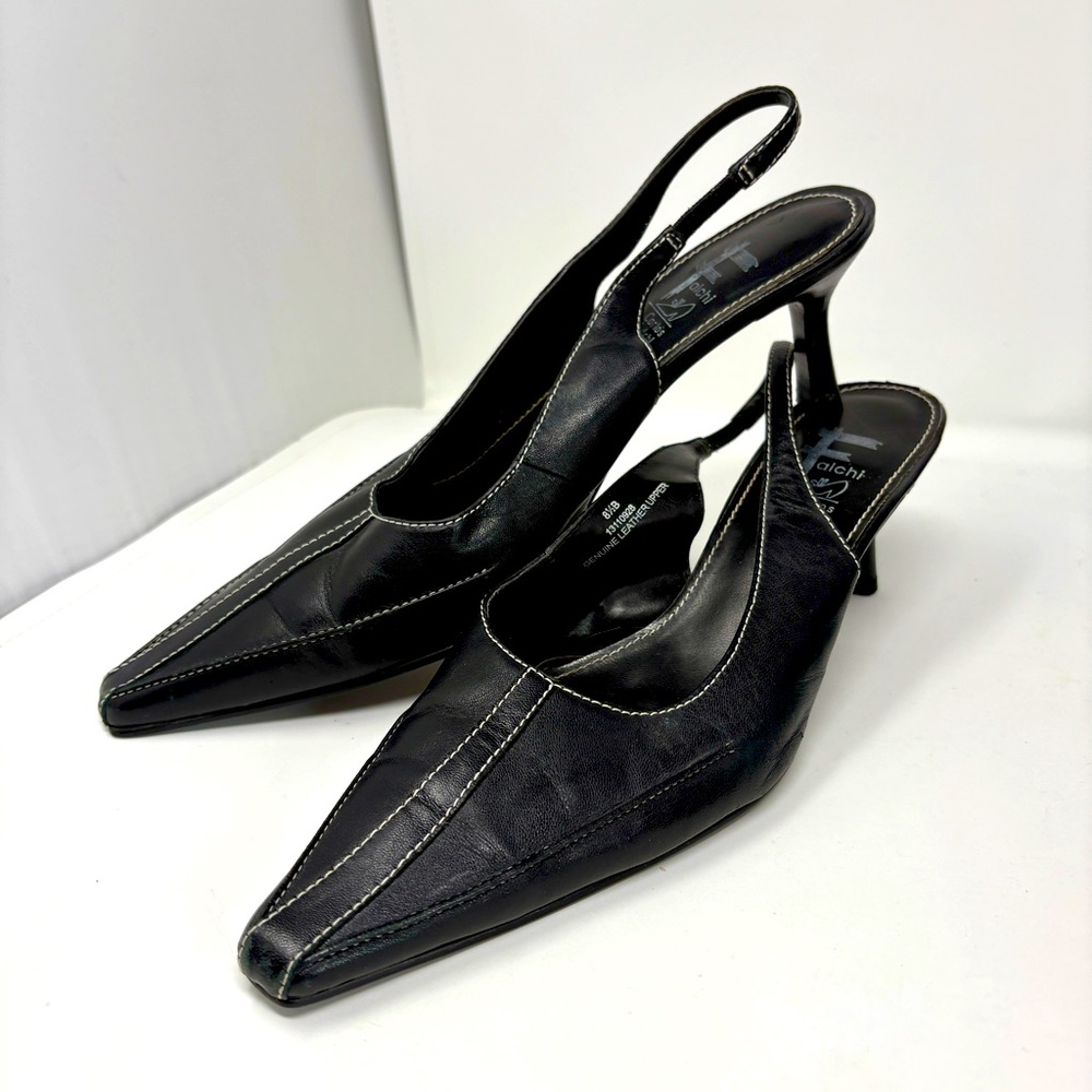 90s style black leather sling back kitten heel sandals size 8.5